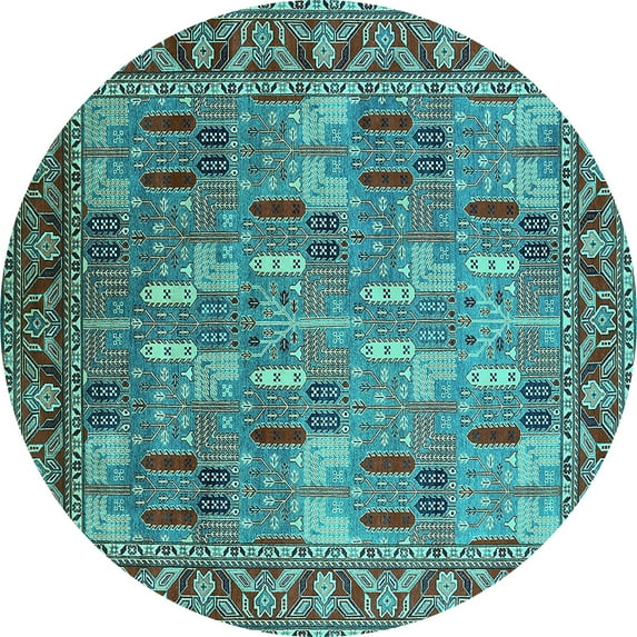 Ahgly Company Machine Washable Indoor Round Oriental Turquoise Blue Industrial Area Rugs, 3' Round