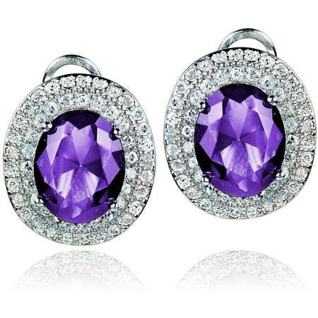 ELYA Sterling Silver Amethyst Purple Oval CZ Double Halo Earrings