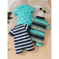 thumbnail image 2 of QJUHUNG Ensemble 3 Pcs de Barboteuse Décontractée à Manches Courtes pour Bébé Garçon Adorable, Col Rabattu et Col Ras du Cou, Cache-Couche Doux et Respirant pour Tout-Petit et Nourrisson avec Design Facile à Changer, 2 of 7