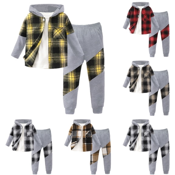 Fozruso Boys Clothing Sets,Toddler Boys Girls Long Sleeve Patchwork Plaid Prints T Shirt Hooded Tops Pants Outfits Kids Back to School,2-3 Years