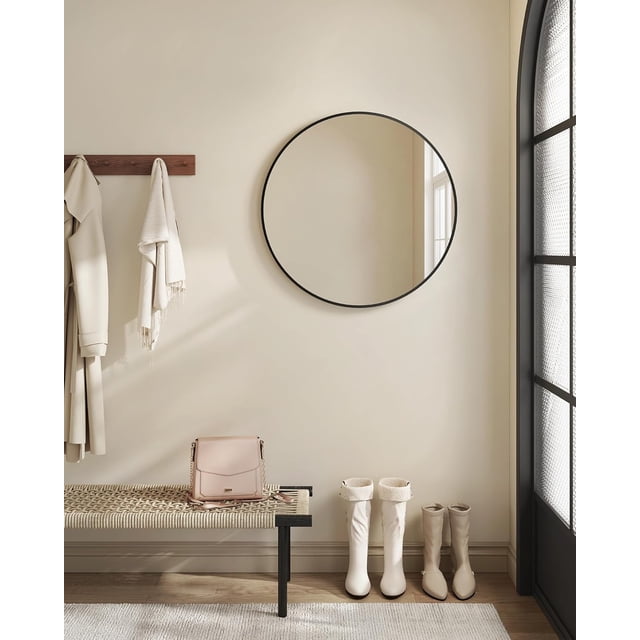 SONGMICS HOME Espejo Decorativo de Pared, Espejo de Pared Redondo, Marco Metálico, 61 cm de Diámetro, Negro