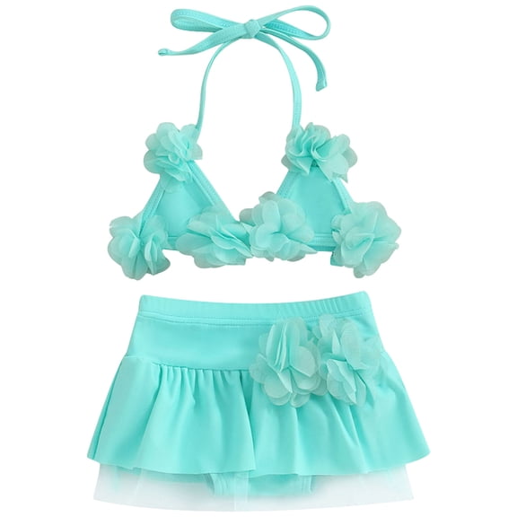 Xudanell Baby Girl Flower Swimsuit 3Pcs Halter Triangle Tops Ruffle Bottoms Sun Hat Bikini Set Bathing Suit Swimwear (Light Blue, 18-24 Months)