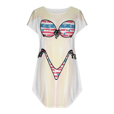 Yxnmud Sundresses For Women 2024 Bikini Shirt Cover Up Short Sleeve Cute Bikini Print Cover-Up Baggy T Shirt Dress Wear Holiday Daily Life