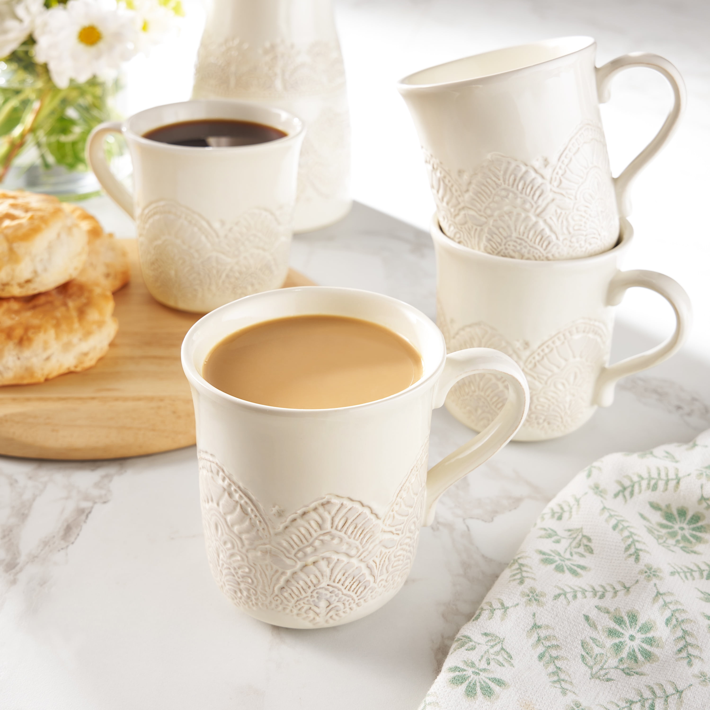 The Pioneer Woman Vintage Lace Ceramic Mug Set, Linen, 4-Pack