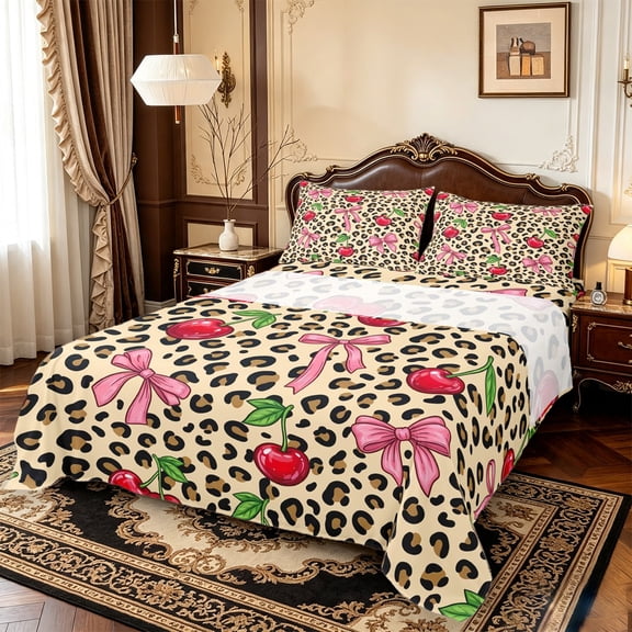 Manfei Cute Bow Cherry Bed Sheets,Brown Cheetah Print Full Size Sheets,4pcs,1 Flat Sheet,1 Fitted Sheet and 2 Pillowcases