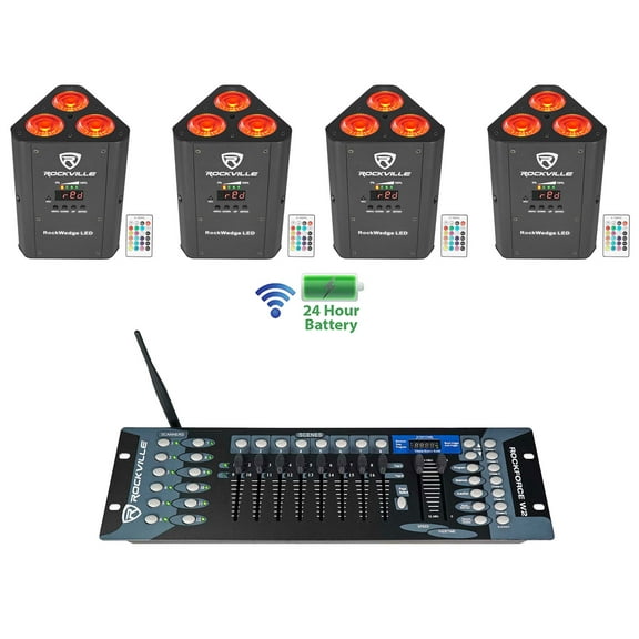 (4) Rockville RockWedge LED Battery Powered Par Lights Wireless DMX Controller