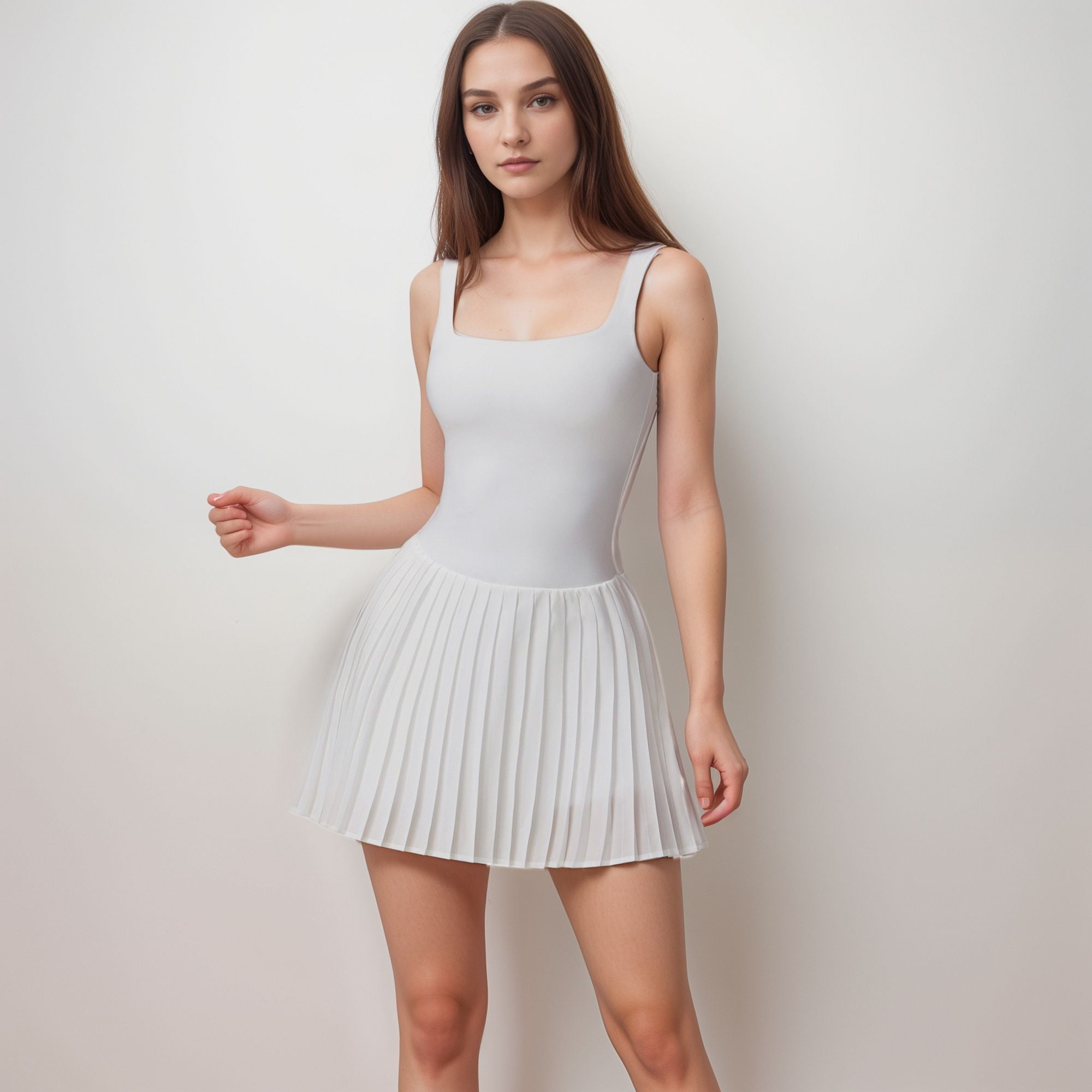 Women's Sleeveless Athletic Dress with Built-In Shorts Pleated Wrap Skirt and Stretch Fabric with Side Pocket - White, X Large
