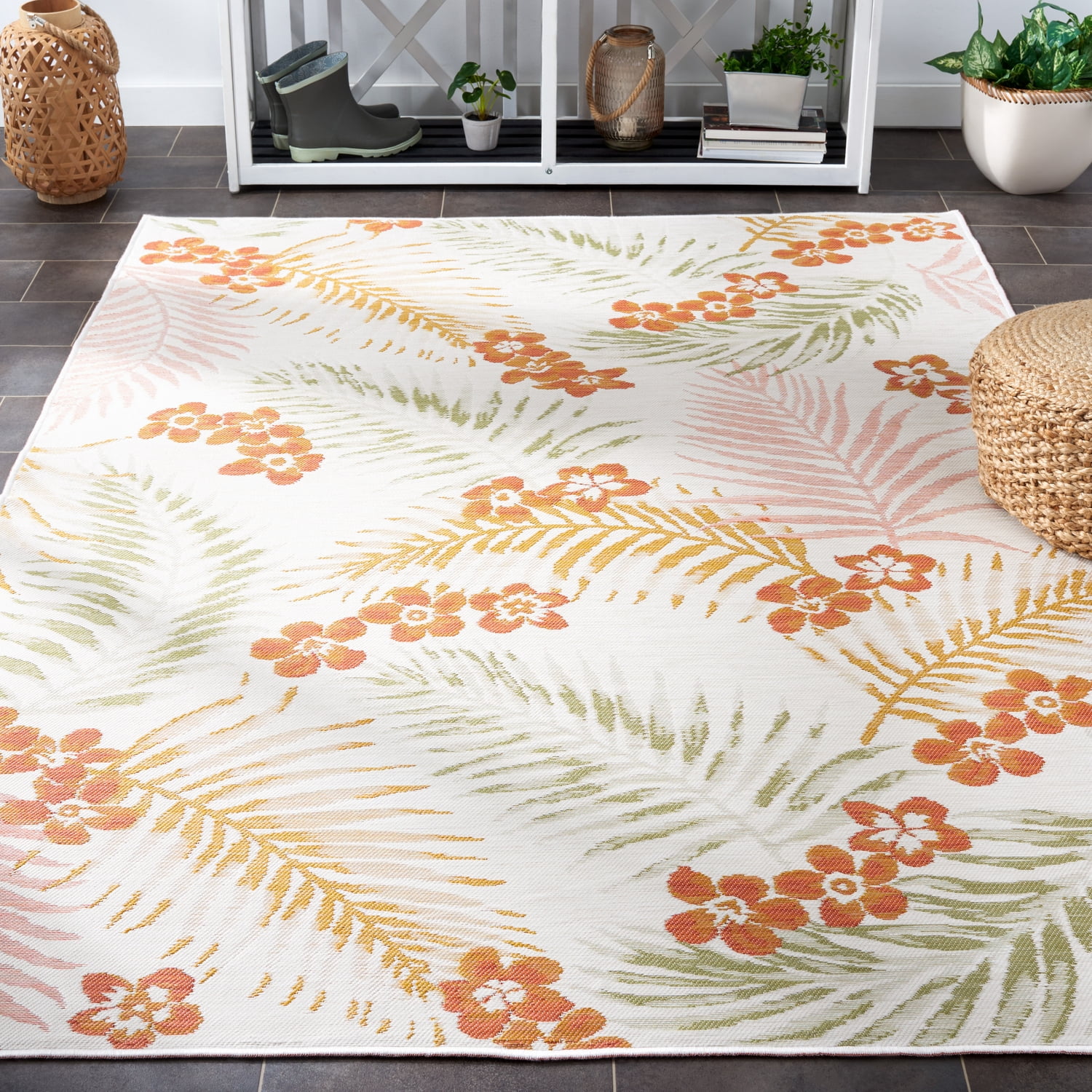 SAFAVIEH Sunrise Jane Floral Reversible Indoor/Outdoor Area Rug, Ivory/Rust Sage, 5'3" x 7'7"