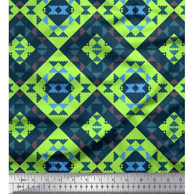 Soimoi Green Poly Georgette Fabric Check & Geometric Printed Fabric 1 Yard 52 Inch Wide