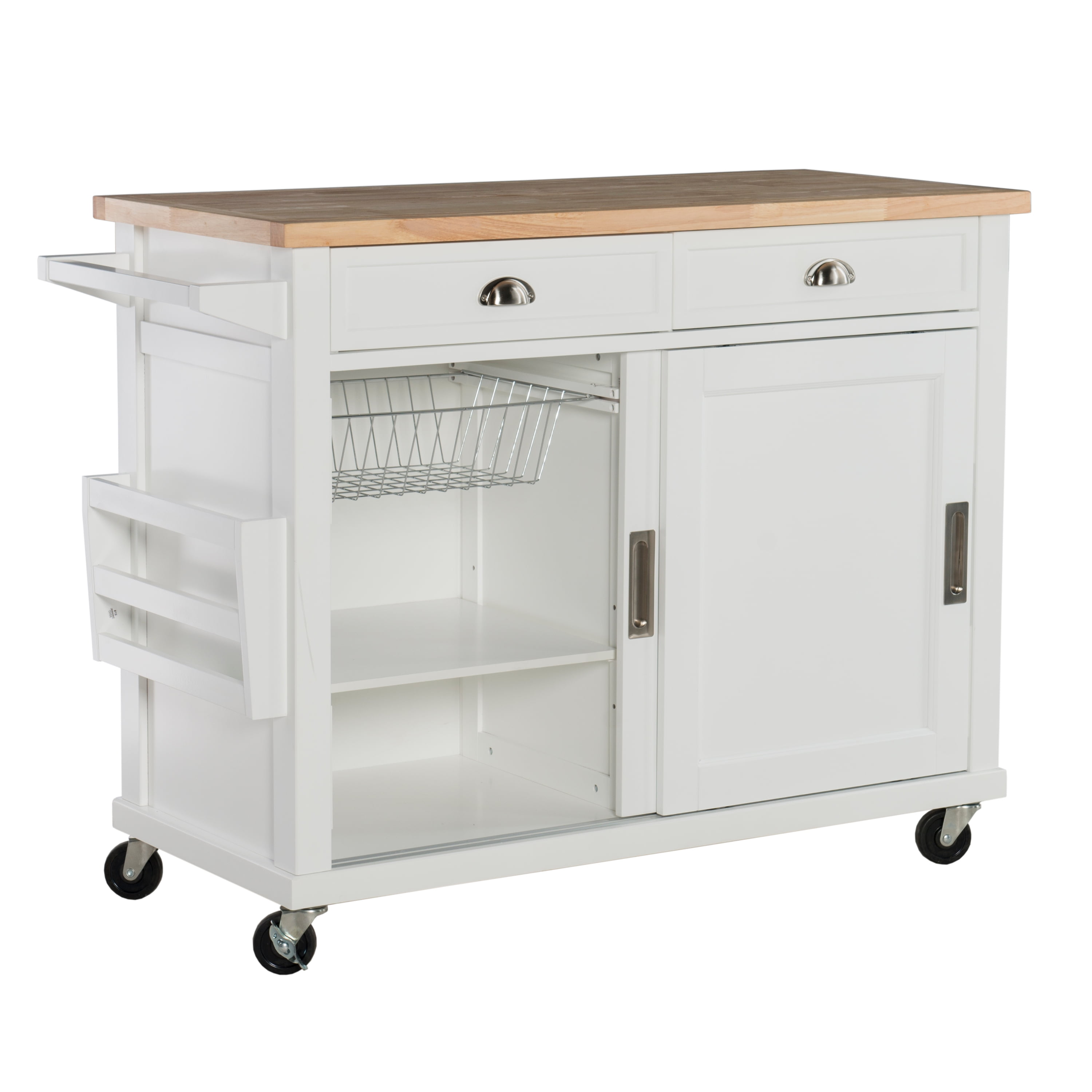 Linon Sumpter 2-Drawer, 2-Sliding Door Mobile Kitchen Cart with Food Safe Natural Wood Top, White Finish