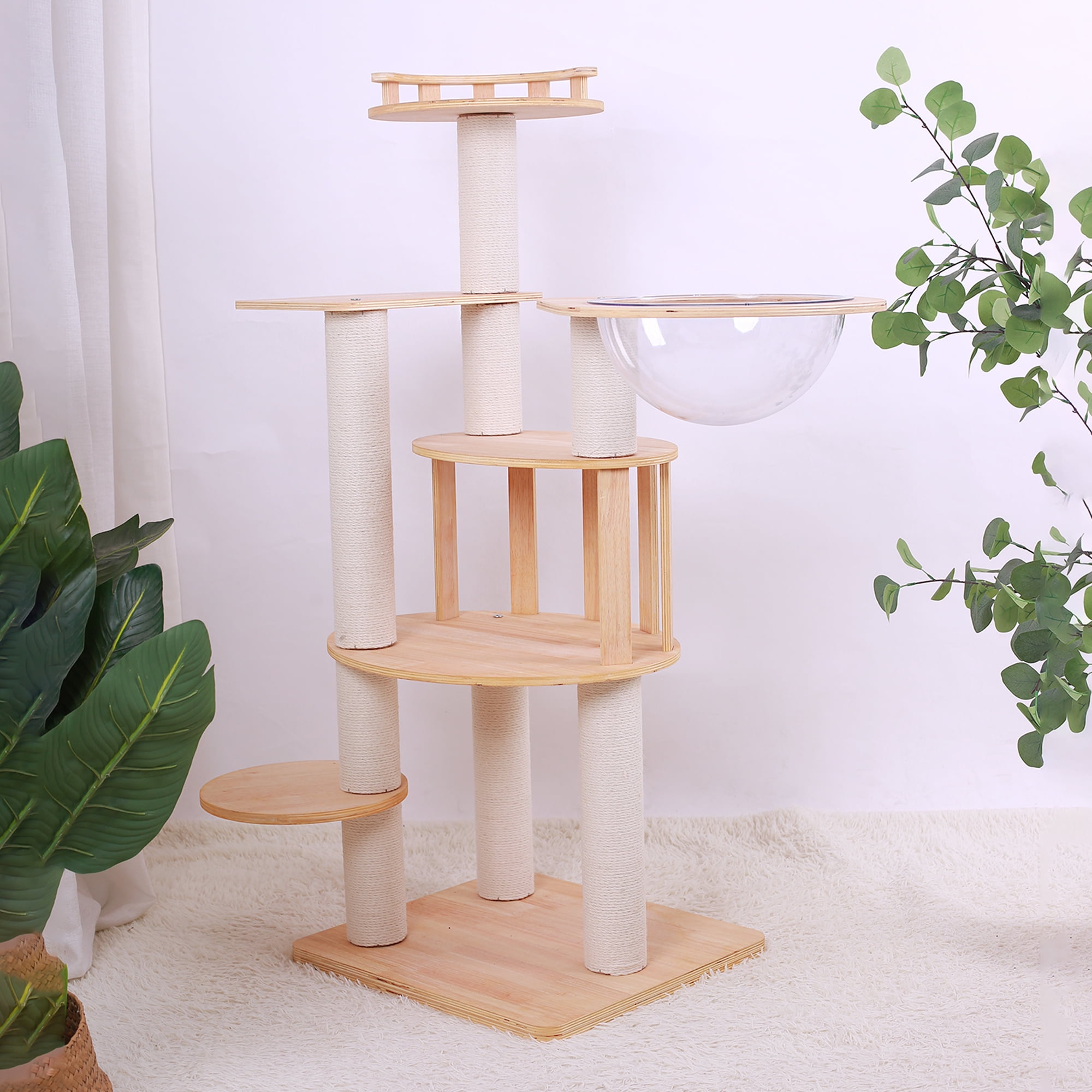 Pefilos 46" Modern Wooden Cat Tree Tower for Indoor Cats, Multi-Level Sturdy Cat Tree Play House Condo with Space Capsule, Beige Pefilos 46" Modern Wooden Cat Tree Tower for Indoor Cats, Multi-Level Sturdy Cat Tree Play House Condo with Space Capsule, Beige