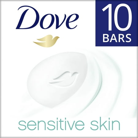 Dove Moisturizing Beauty Bar Sensitive Skin Effectively Washes Away Bacteria While Nourishing Your Skin for Softer Skin, Fragrance-Free, Hypoallergenic Beauty Bar 3.75 oz, 10 Bars
