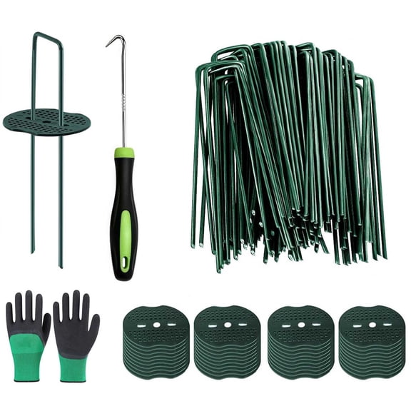 50Pcs 6 inch Garden Stakes Staples 50Pcs Gasket, 6 Inch Lawn Landscape Staples 11 Gauge U Shaped Galvanized Landscape Pins Sets for Weed Barrier Sod Fabric Decorations