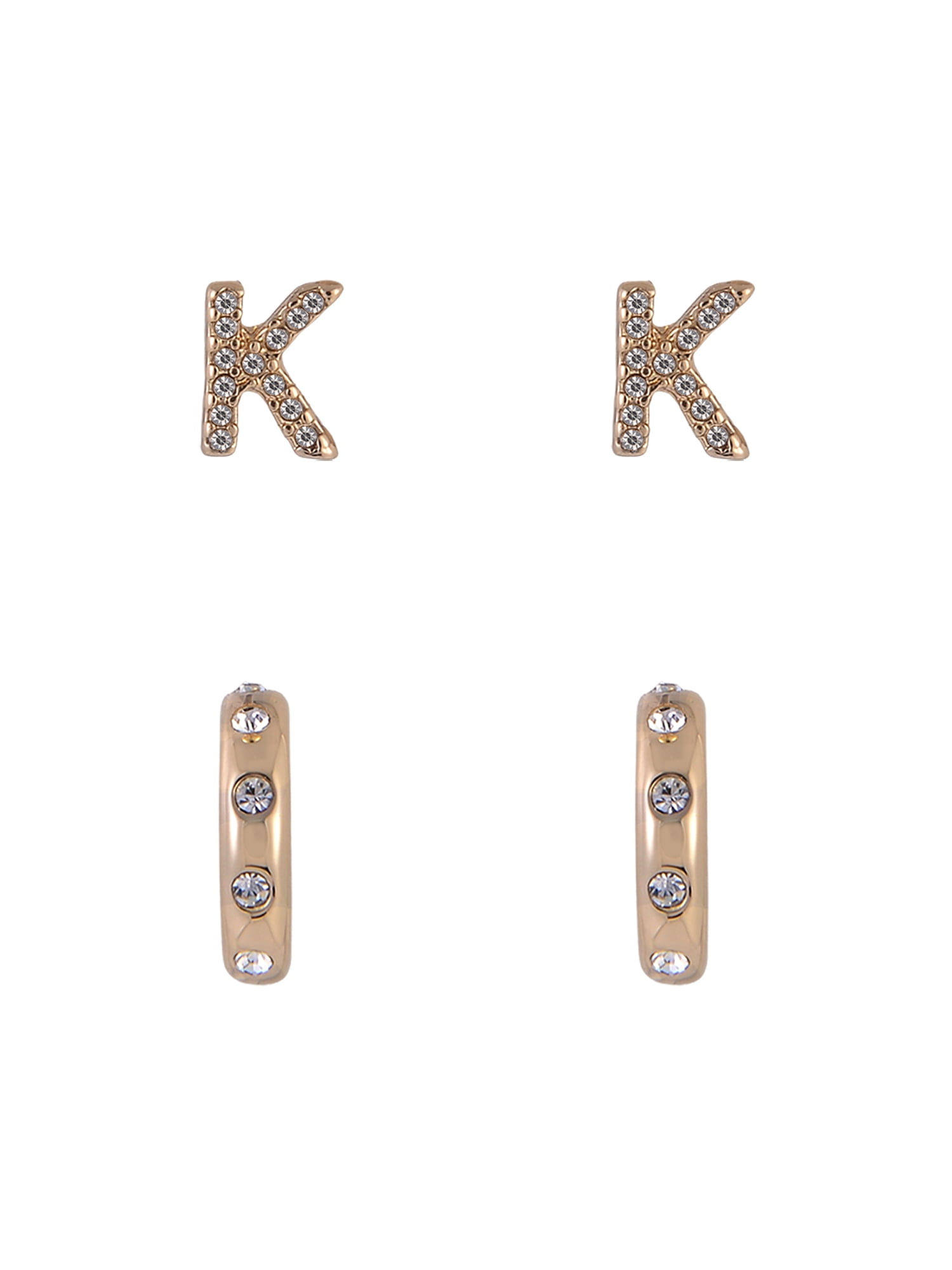 Time and Tru Goldtone 5pc Crystal Studs Hoop Initial "K"Earring Set