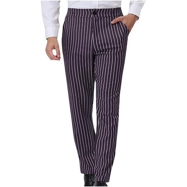 Ceisia Gift Men's Spring/Summer Casual Suit Pants - Straight Stripe Print Pocket Button Waist Polyester Trousers
