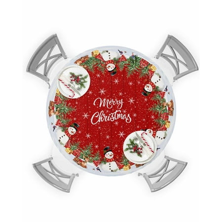 

Round Tablecloth with Elastic Merry Christmas Snowman Xmas Tree Snowflakes Red Wooden Waterproof Table Cover Wipeable Fitted Table Cloths for 55 -60 Round Tables Dining Kitchen Indoor Outdoor Use