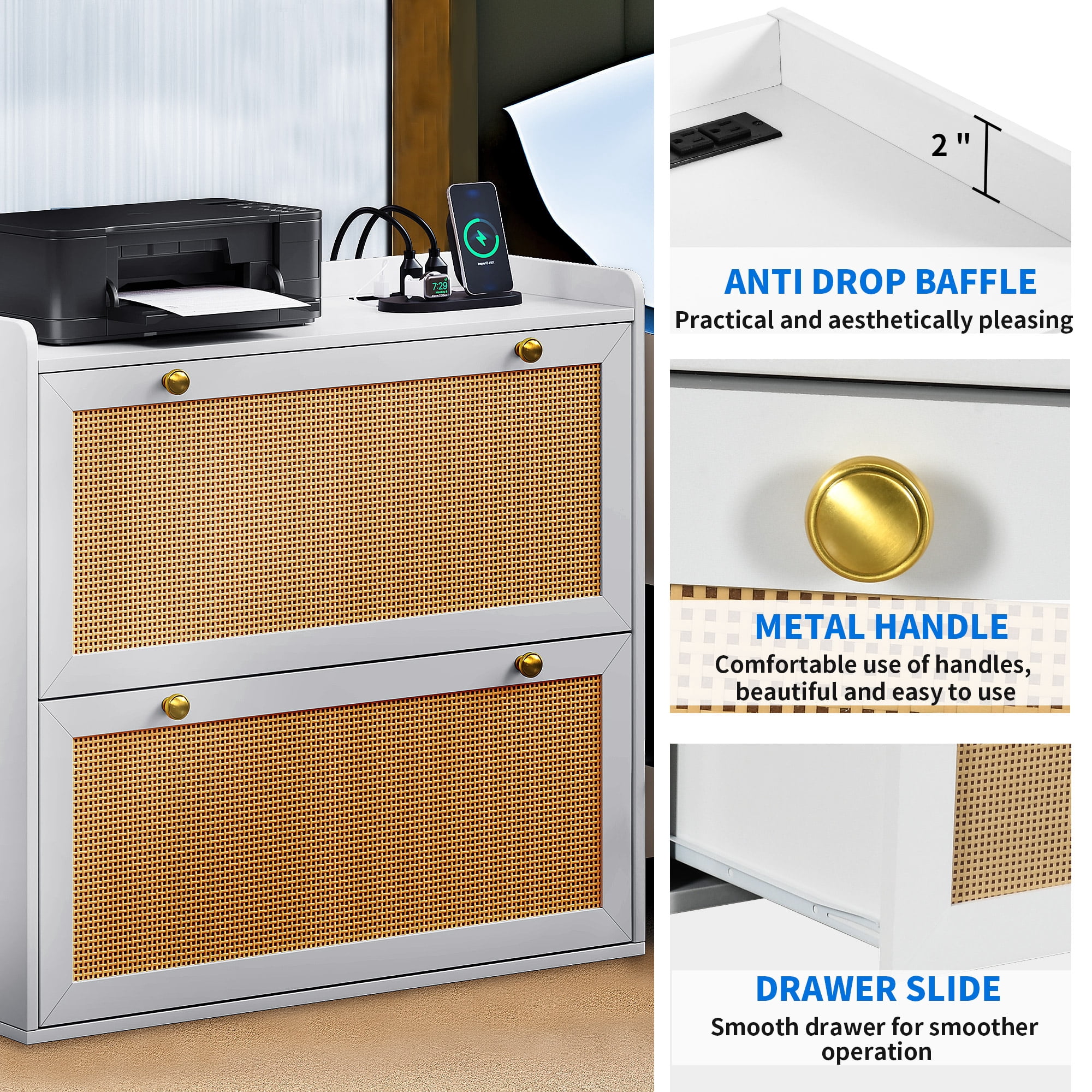 Dextrus Rattan 2 Drawer File Cabinet with Charging Station, Wood Lateral Filing Cabinet Printer Stand Fits A4 Letter Legal Size Files, White