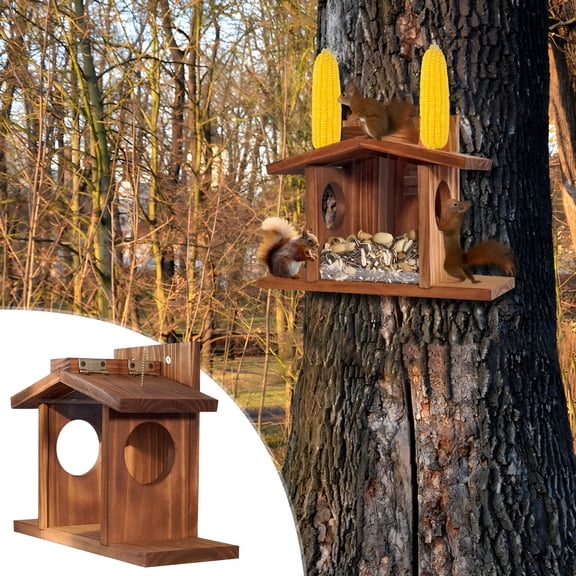 ACDANC Wood Squirrel Feeder, House Shape Squirrel Feeders for Outside Winter, Wooden Chipmunk Feeder for Corn, Peanuts, Durable Box Easy to Fill with Removable Front Panel