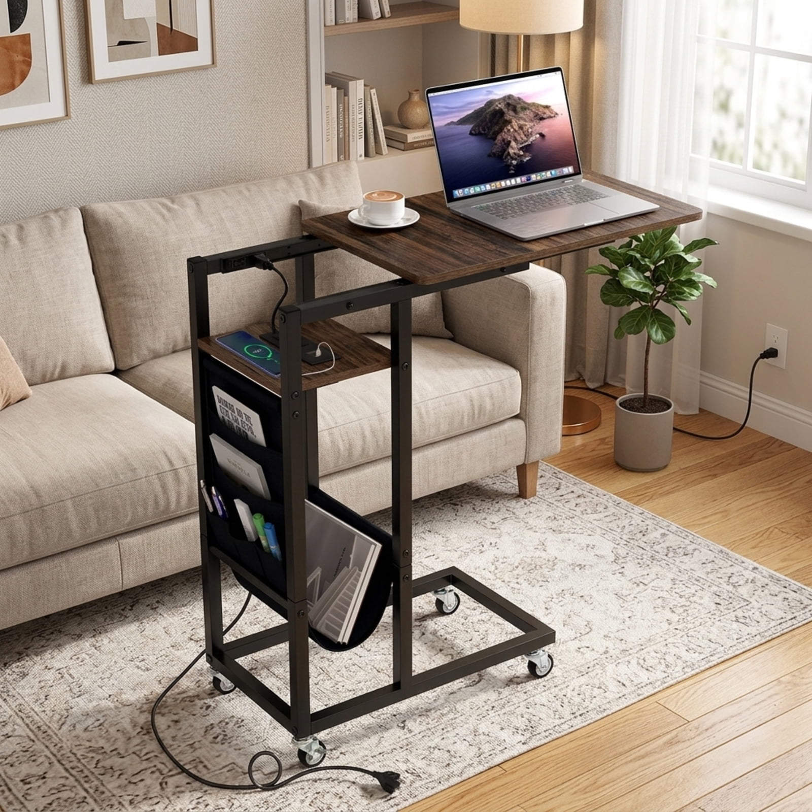 Furnibear C Shaped End Table with Charging Station and Retractable Tabletop for Sofa Couch Bedside and Small Living Room Narrow Spaces, Brown