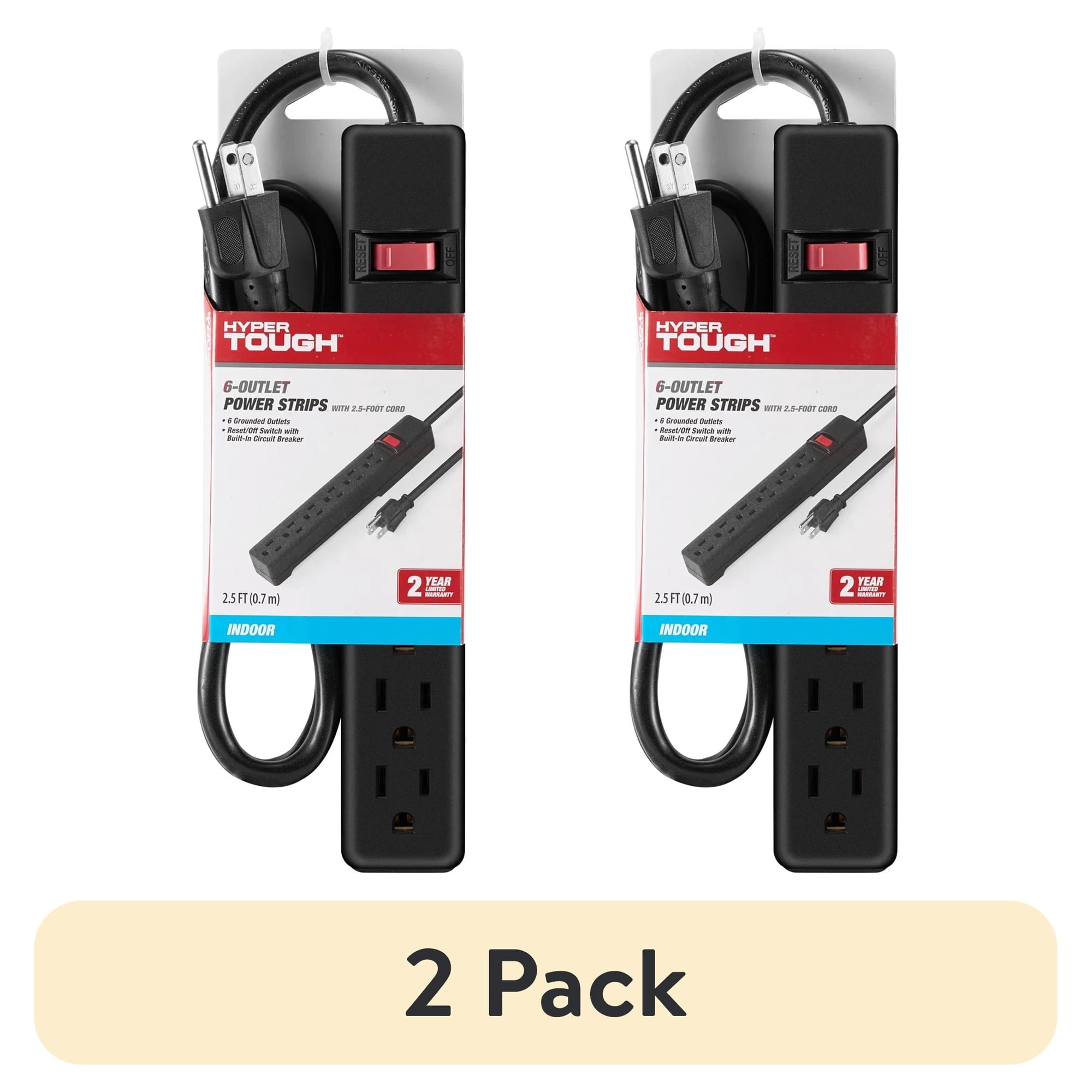 (2 pack) Hyper Tough 6-Outlet Indoor Power Strip, 2.5 ft Cord, UL/ETL Certified, Black