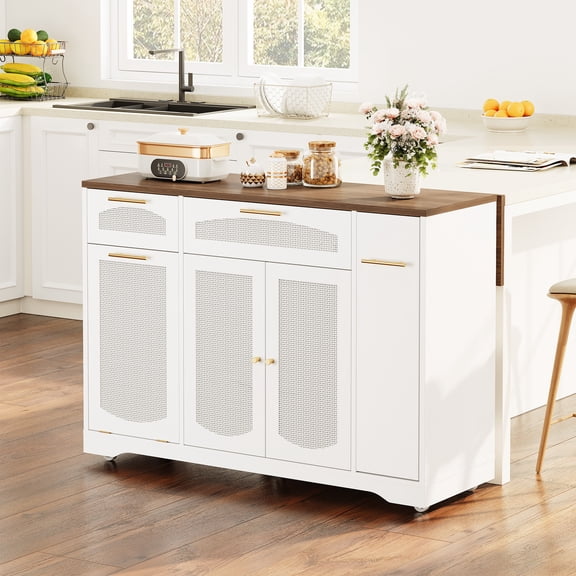 Gaderth  53.1" Kitchen Island on Wheels, Rolling Kitchen Island Cart, Rattan Kitchen Cart with Drop Leaf Breakfast Bar, Tilt Out Trash Can Cabinet, Storage Cabinet