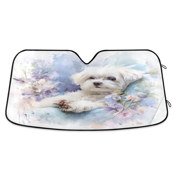 Foldable Car Windshield Sunshade UV Sun Visor Protector Blocks UV Rays Keeps Vehicle Cool 53x23.5 Inch Cute White Maltese Dog