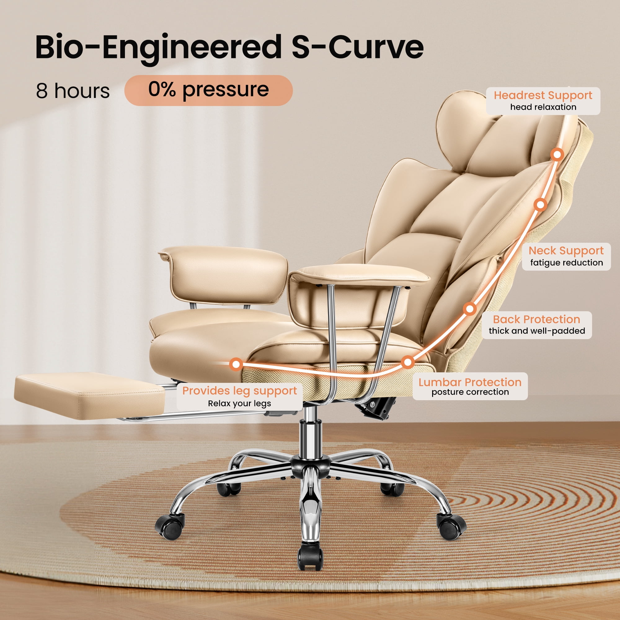 Primy High Back Office Chair, Big and Tall PU Leather Executive Chair with Footrest – Ergonomic Reclining Computer Desk Chair, High-Density Foam, Heavy Duty Swivel Rolling Chair, Khaki