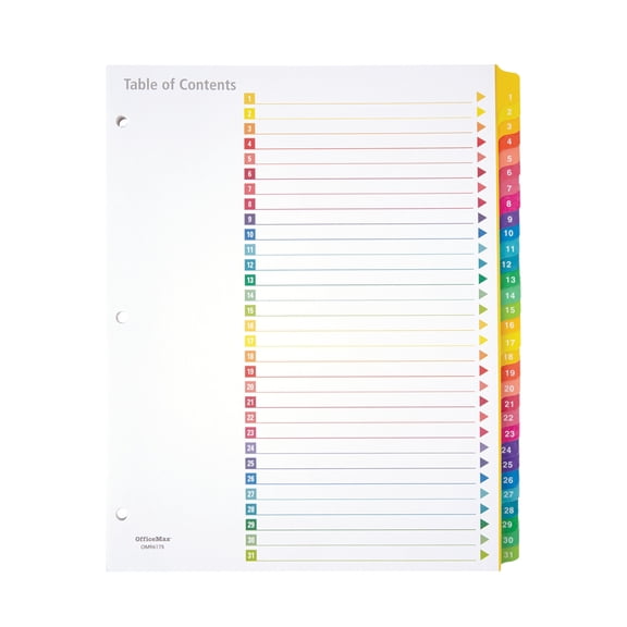 Office Depot Table Of Contents Customizable Index With Preprinted Tabs, Assorted Colors, Numbered 1-31, 14707