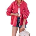 thumbnail image 1 of Chaqueta desgastada de gran tamaño roja de manga larga, cuello vuelto, botonadura sencilla con bolsillos, estilo informal para mujer - L, 1 of 8