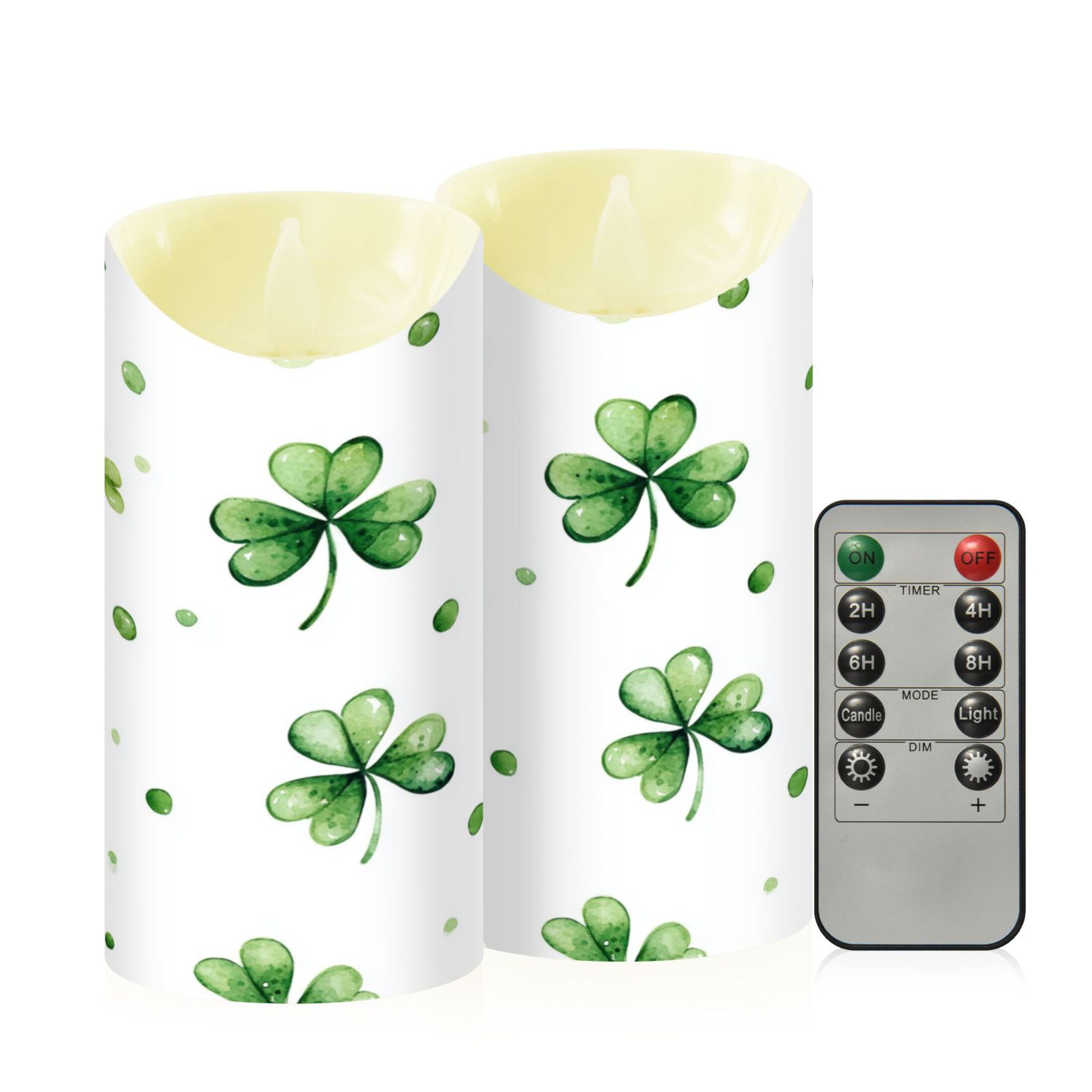 2 PCS Tilted Flameless Candles Flickering LED Lights Battery Operated Candles with Remote Timers for Holiday Decor Shamrock Leaves