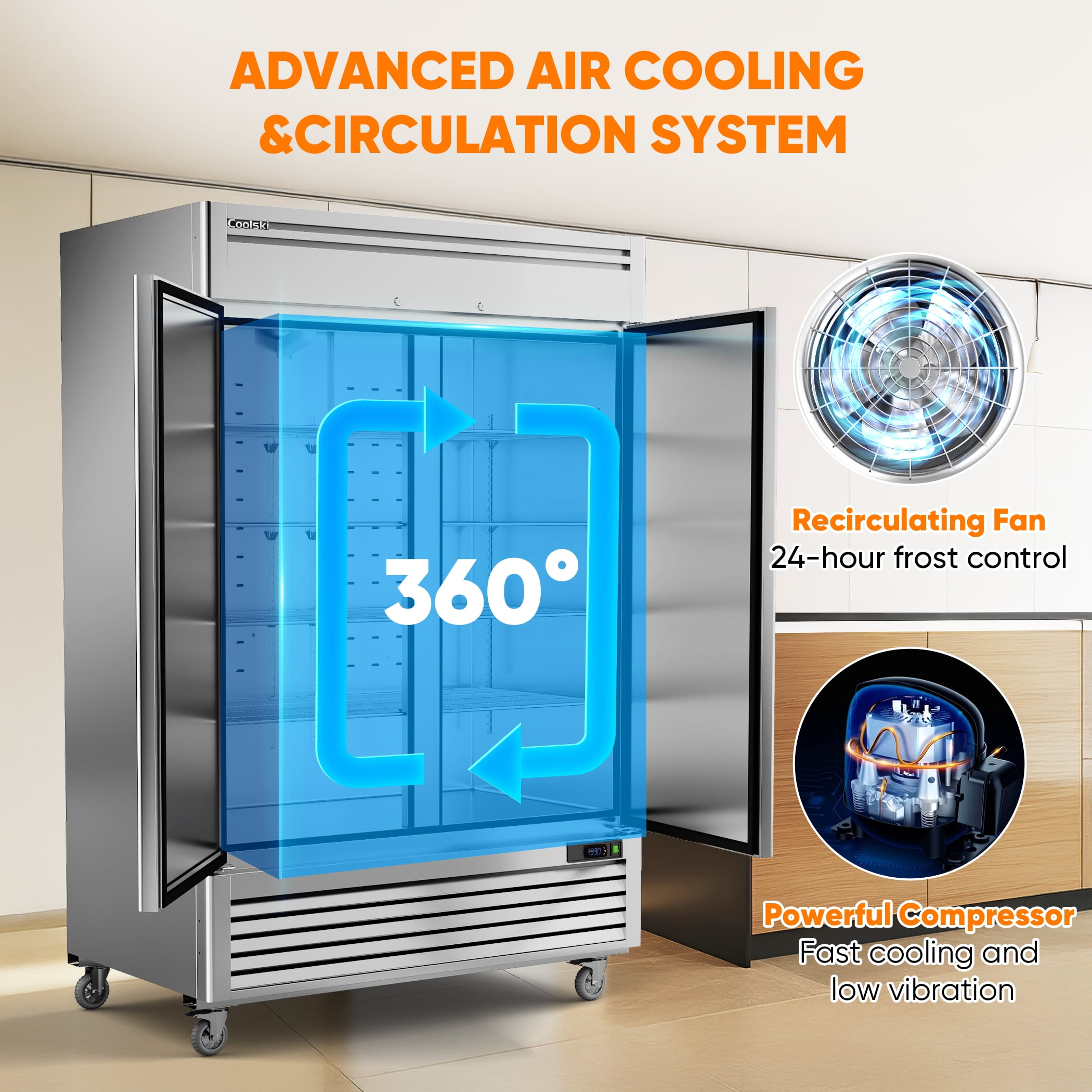 Coolski 49 Cu.ft Commercial Refrigerator, 2-Door Stainless Steel Reach-In Fridge