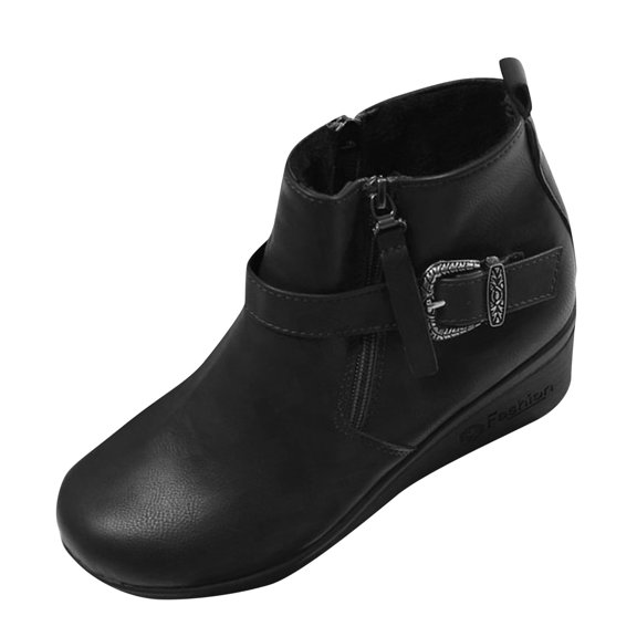 Xfvqtps Womens Wedge Ankle Boots Fashion Winter Booties with Double Buckle Versatile Casual Boots Fall Winter Comfort Shoes
