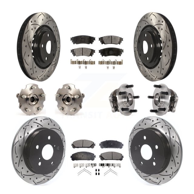 Transit Auto Front Rear Hub Bearings Assembly Coated Disc Brake Rotors and Semi-Metallic Pads Kit (10Pc) for Car Lexus NX300 NX200t NX300h - Left Right Side (Driver Passenger) KBB-125541