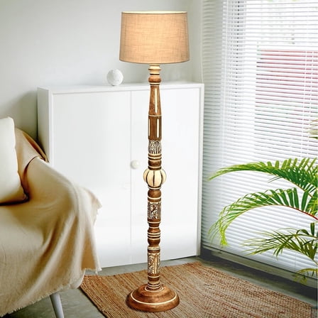 Floor Lamp for Living Room | Lamp for Bedroom | Standing Lamp | Home Decor Items | Corner Lamps for Living Room | Night | Bedroom | Light with Fabric Shade (Beige Carving)