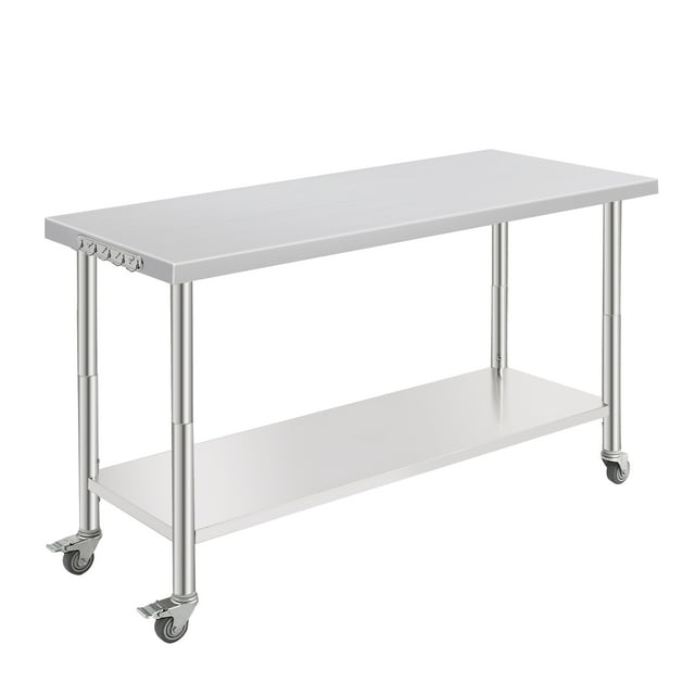 Table de Travail en Acier Inoxydable NSF - 60x24x35 Pouces - Tablette Inférieure Réglable, avec Roulettes, Crochets à Outils, Bord Droit, Sans Plaque Arrière, pour Cuisine, Garage et Maison