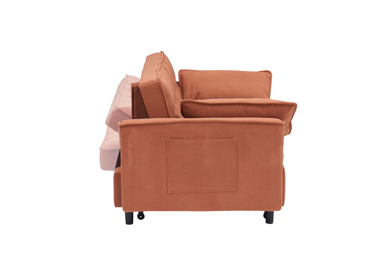 54.3" Corduroy Modular Sectional Sleeper Sofa,Loveseat with Pull Out Bed, Orange – Space-Saving Couch for Living Room, Guest Bed, Apartment