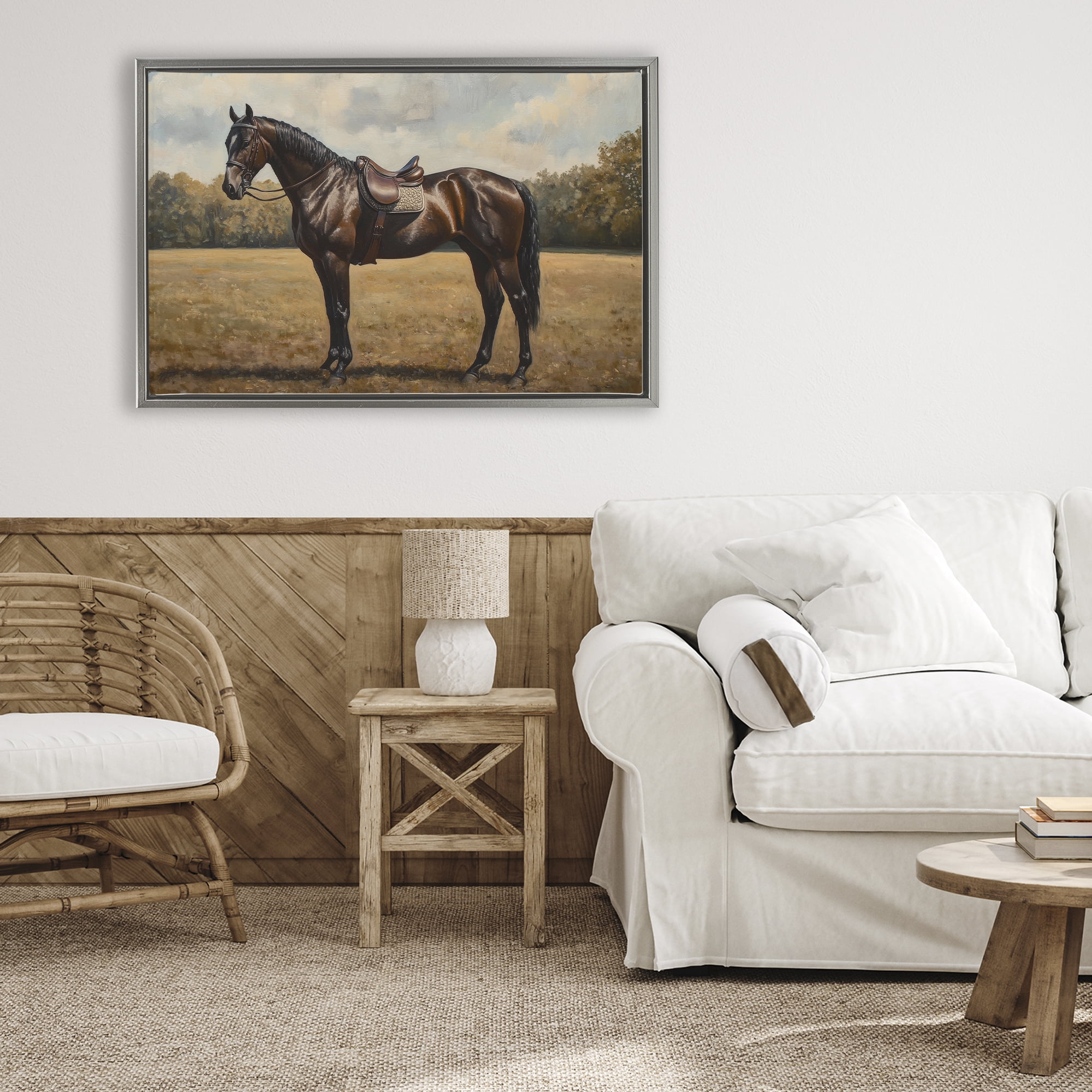 Stupell Industries Dark Brown Pony Portrait Gray Framed Floater Canvas Wall Art, design by Petal Prints Design