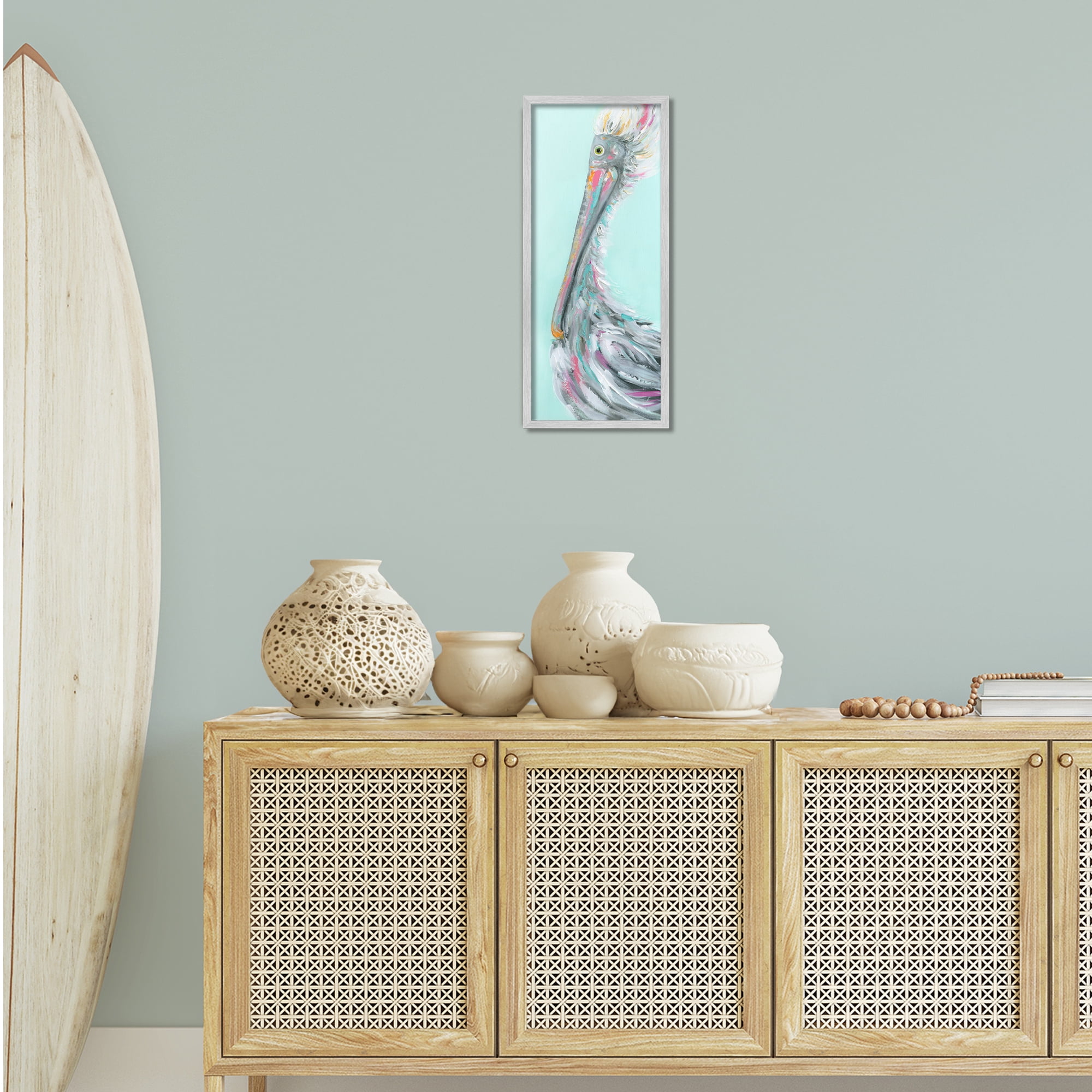 Stupell Industries Odd Pelican Portrait Animals & Insects Painting Gray Framed Art Print Wall Art, 10 x 24