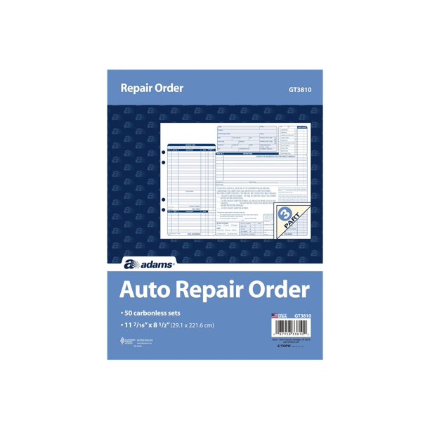 Adams Auto repair order 50 sheets 11.46 in x 8.5 in triplicate