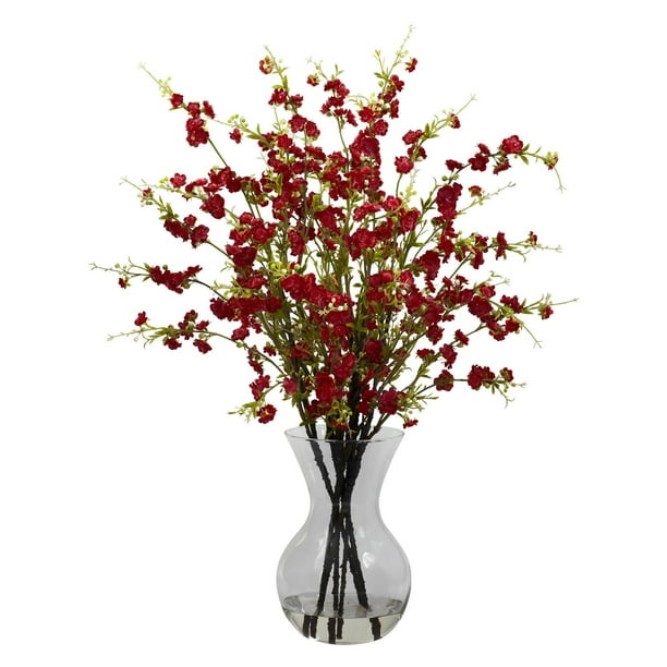Nearly Natural Cherry Blossoms with Vase Arrangement, Red