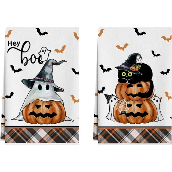 Halloween Boo Spooky Ghost Cat Kitchen Towels Dish Towels 18x26 Inch Home Kitchen Decorations Hand Towels Set of 2 Drying Dishcloth