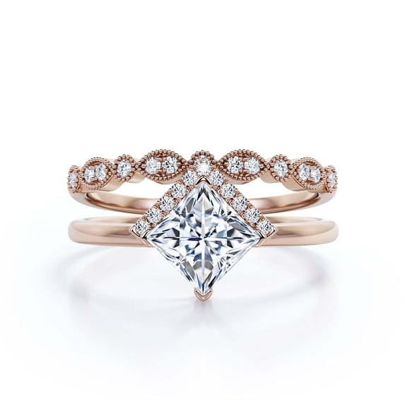 Boho & Hippie 2.00 Carat Princess Cut Diamond Moissanite Dainty Engagement Ring, Classic Wedding Ring, One Matching Band In 10K Solid Rose Gold, Gift For Her, Promise Ring, Anniversary Ring, Bridal