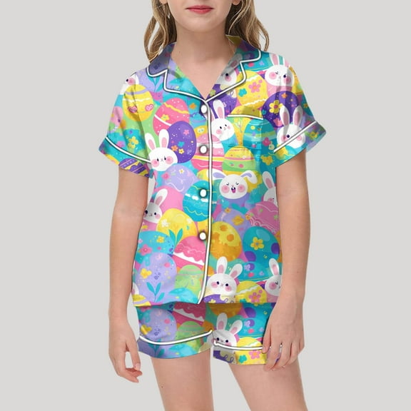 Girls' Easter Day Printed Pajamas Short Sleeved Button Top Shorts Home Pajamas Set Light Size 12-13 Years