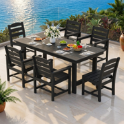 KINGYES 7-Piece Outdoor Dining Set, All Weather HDPE Patio Table and Chairs with Umbrella Hole, Black