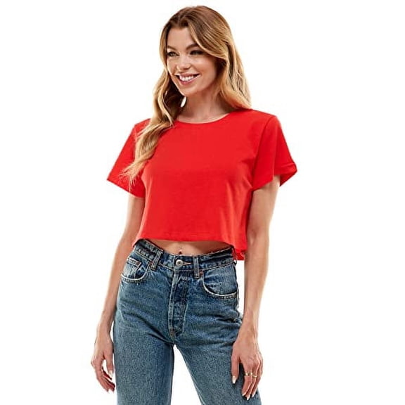 Women's Boxy Crop Top Round Neck Short Sleeve Casual 100% Cotton Cropped Tee T-Shirt, Red, 2XL