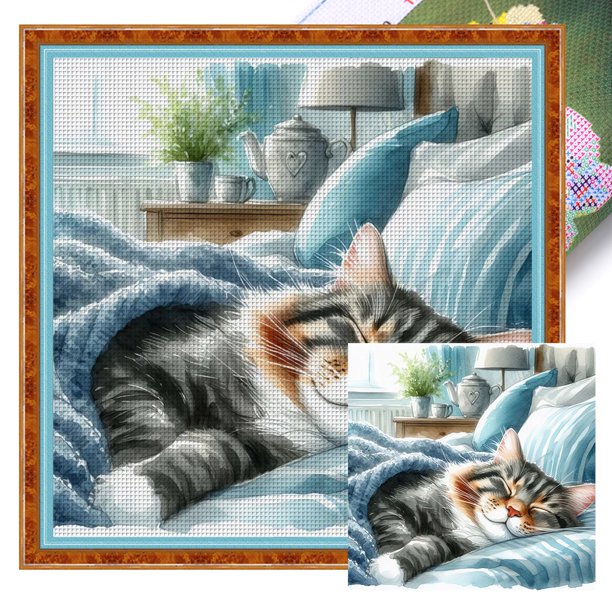 Hilo algodón ecológico Bordado Likrtyny 11CT 3 Hebras Impresión 40*40cm Gatito Durmiendo Debajo la Colcha Kit Serie punto cruz