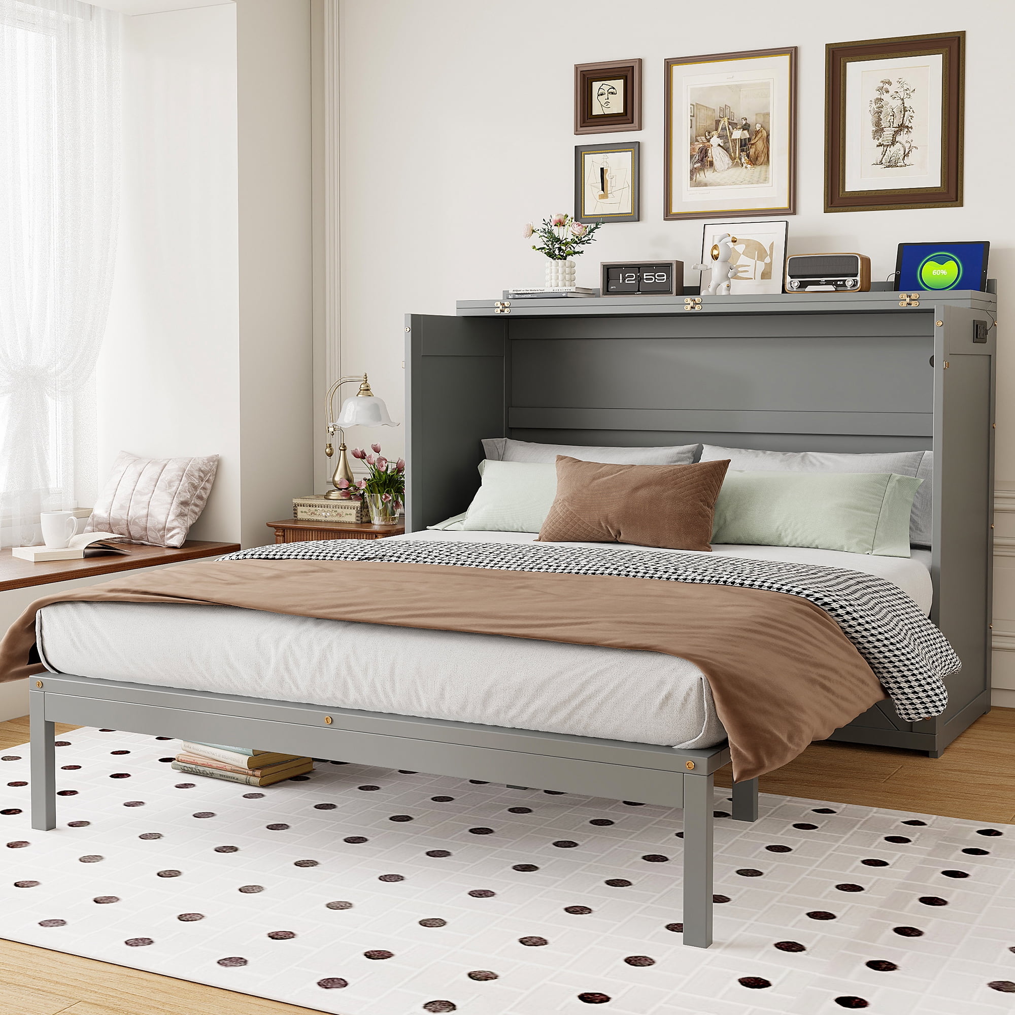 Mintazer Queen Murphy Bed with Storage Drawer & Charging Station, Modern Foldable Cabinet Bed with Geometric Pattern for Bedroom Apartment Guest Room, White