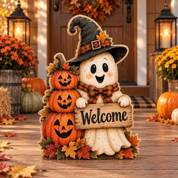 3-Layer Halloween Ghost Wooden Stand, Pumpkin Welcome Porch Display for Fall Guests