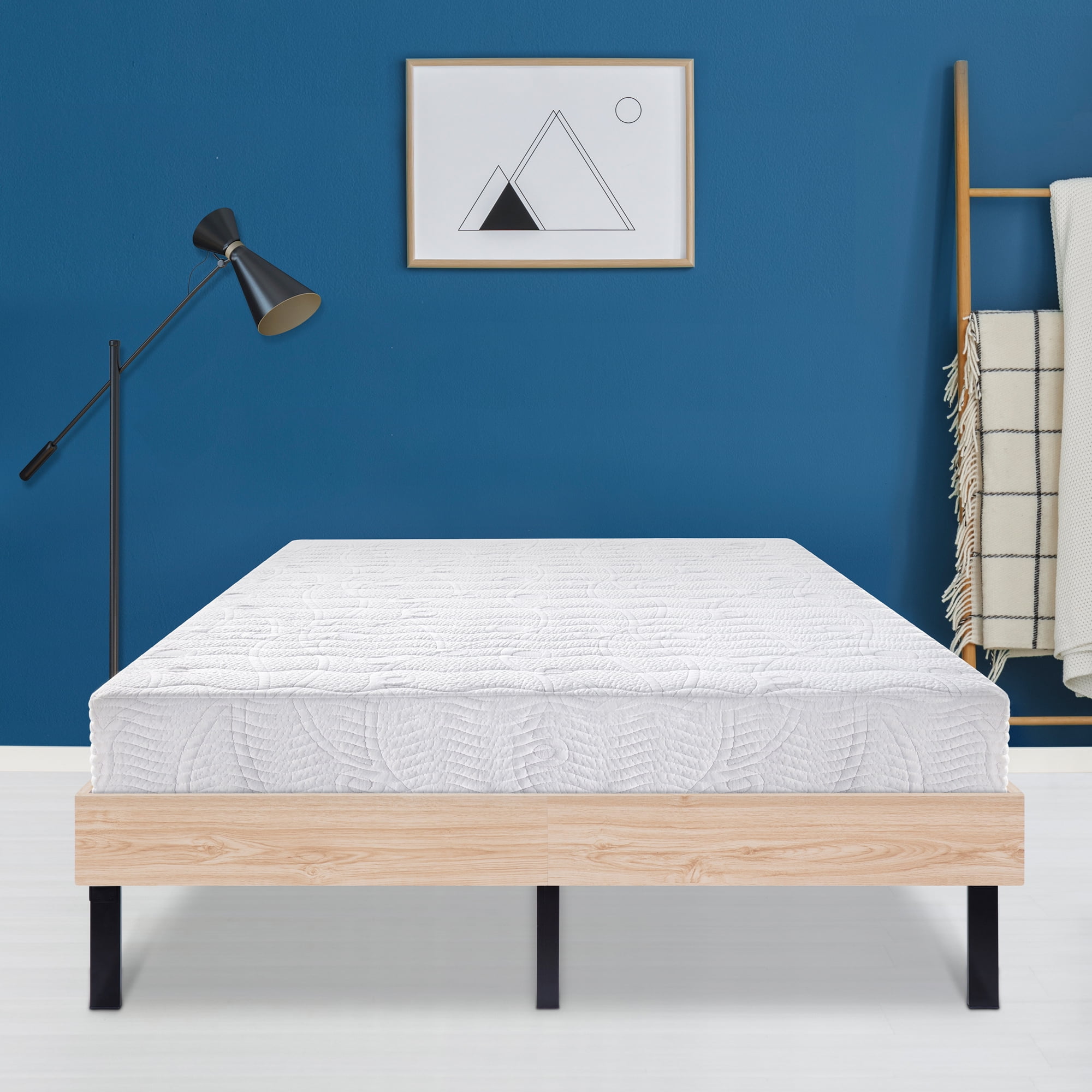 Granrest 14 Inch Classic Natural Wood Finished Platform Bed Frame Dura Steel Slat Support Stylish