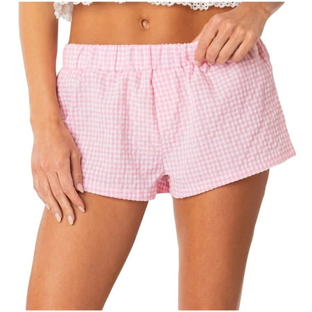 Women Cotton Pajamas Shorts Micro Boxer Shorts Y2K Cute Gingham Sleep Lounge Shorts Checkered Plaid Pj Mini Short Pants